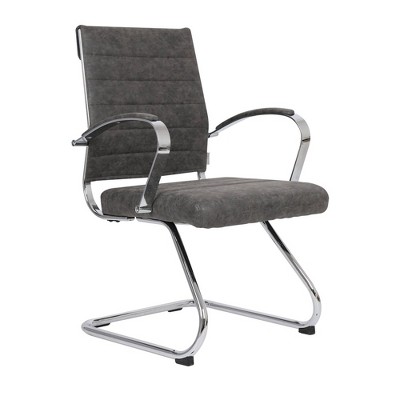 LeisureMod Benmar Office Chair Upholstered in Leather with Stainless Steel Sled Base