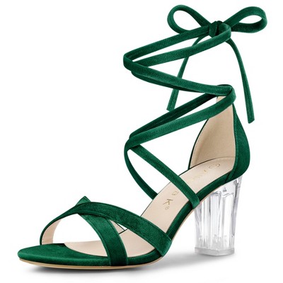 Allegra K Women's Velvet Lace Up Clear Heels Block Heel Sandals