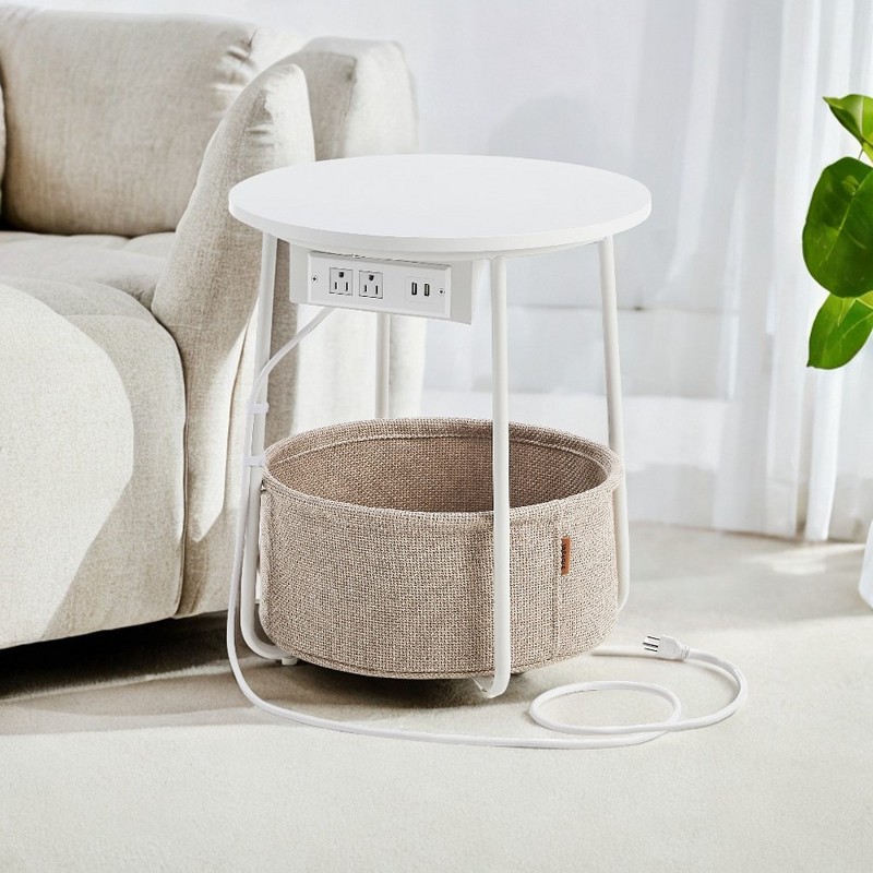 round side table with storage fabric basket white matte finish bedroom nightstand