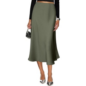 Cheetah Print Satin Midi Skirt - Women's High Waist A-Line Skirt with Elastic Waistband Army Green - 1 of 4