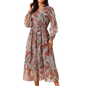 INSPIRE CHIC Women's V Neck Boho Floral Long Sleeve High Waist Smocked Cuff A-Line Flowy Midi Dress - 1 of 4