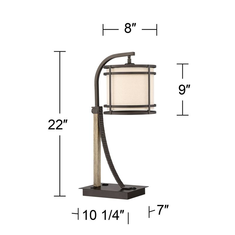 Franklin Iron Works Gentry Industrial Desk Lamp 22" High Oil Rubbed Bronze Faux Wood Cage with USB and AC Power Outlet in Base Oatmeal Shade for Desk, 4 of 10