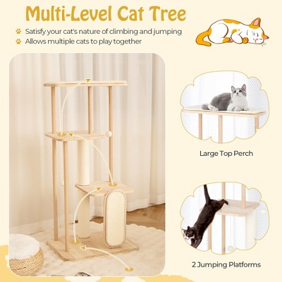 Natural Wood Multi-Level Cat Tree with Sisal Scratching Posts