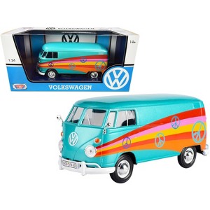Volkswagen Type 2 (T1) Delivery Van "Peace" Turquoise Metallic 1/24 Diecast Model Car by Motormax - 1 of 3