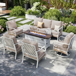 Captiva Designs 6pc extra large metal and rattan outdoor patio fire pit set with swivel grid-back chairs and table - 1 of 4