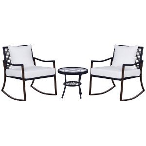 3 Piece Patio Rocking Bistro Set, Outdoor PE Rattan Wicker Rocking Chairs with Cushioned, Pillows, Two-Tier Glass Storage Shelf Coffee Table - 1 of 4