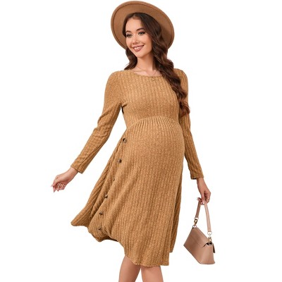 Coolmee Womens Fall Maternity Midi Dress Long Sleeve Crewneck Side Button Pregnant Clothes Dress