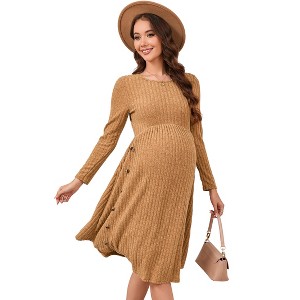 Coolmee Womens Fall Maternity Midi Dress Long Sleeve Crewneck Side Button Pregnant Clothes Dress - 1 of 1
