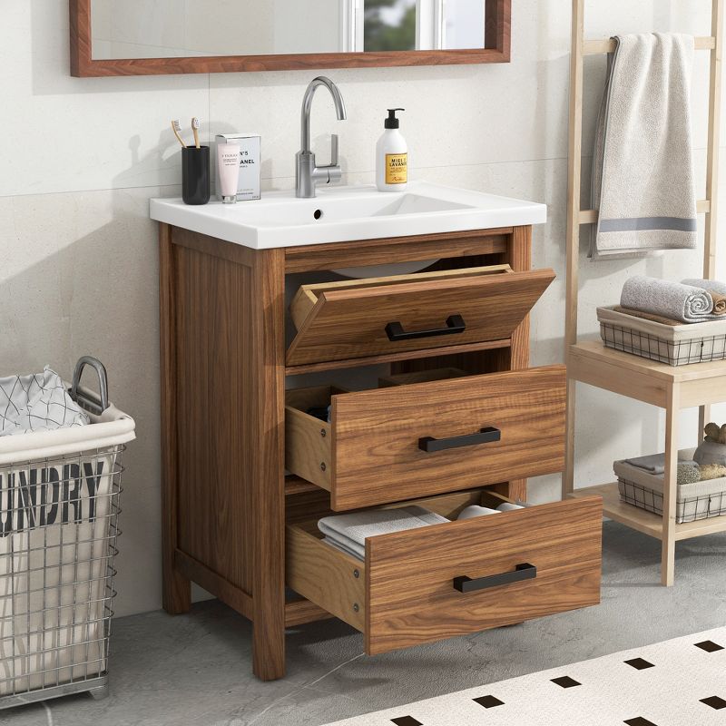 24" Bathroom Vanity with Ceramic Basin Sink and 3 Drawers, Natural - ModernLuxe, 2 of 12