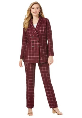 Jessica London Women's Plus Size Double-Breasted Pantsuit, 30 W - Rich Burgundy Classic Grid