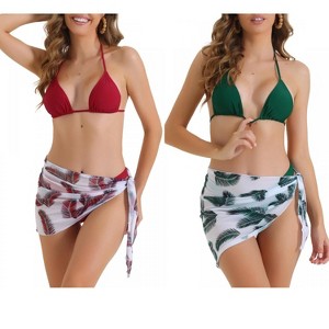 INSPIRE CHIC Women's Triangle Halter High Cut Thong Leaf Print Cover Up Skirt Swimwear Bathing Bikini Suits 2 Sets - 1 of 4