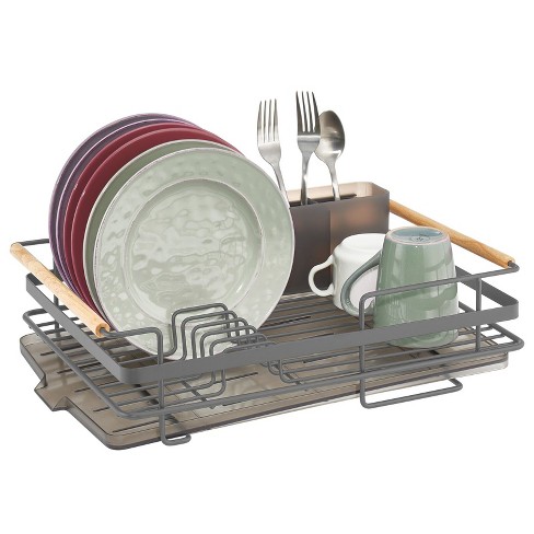 mDesign Steel Compact Modern Dish Drying Rack with Cutlery Tray -  Chrome/Clear