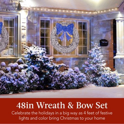 48-Inch Silver and Blue LED Outdoor Christmas Wreath with Bow