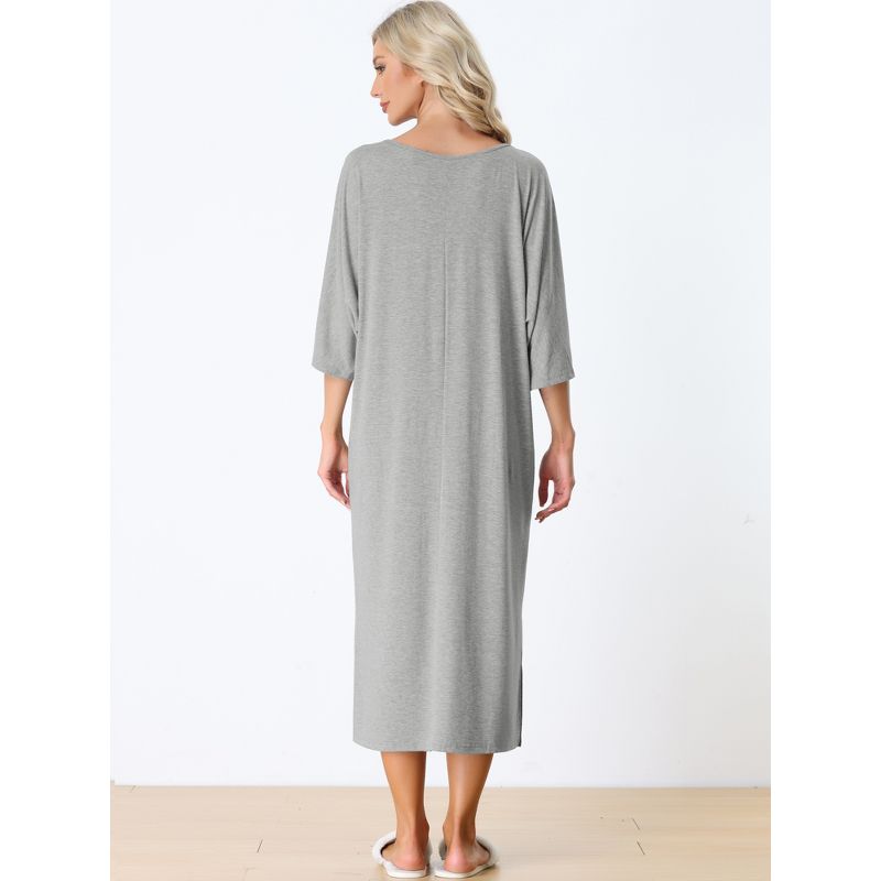 cheibear Women's soft Three Quarter Sleeve Solid Slit Hem Pajama Dress, 3 of 6