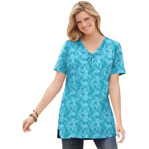 Woman Within Plus Size Perfect Printed Short-Sleeve Shirred V-Neck Tunic - 1 of 4