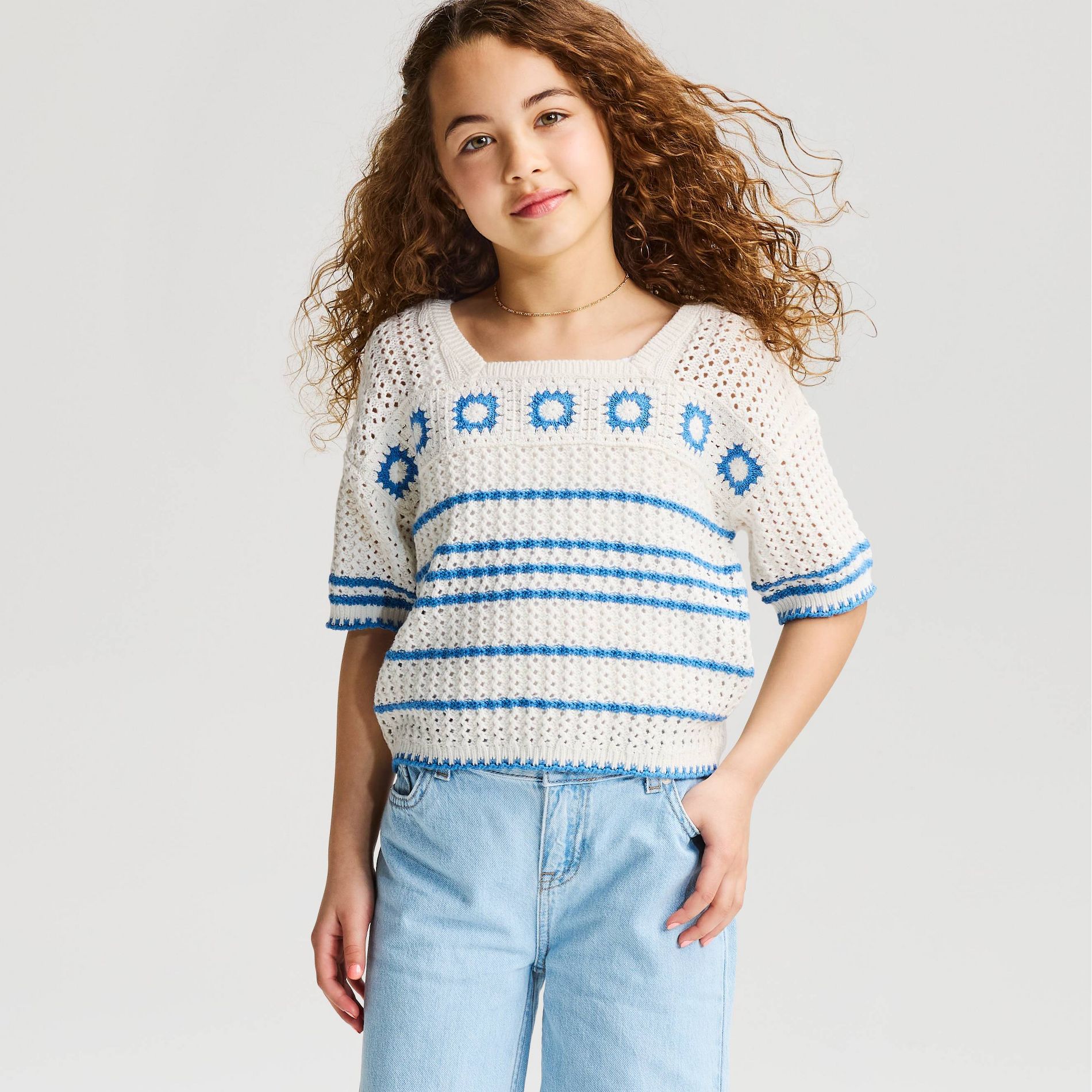 Girls' Short Sleeve Scalloped Striped Sweater - Cat & Jack™