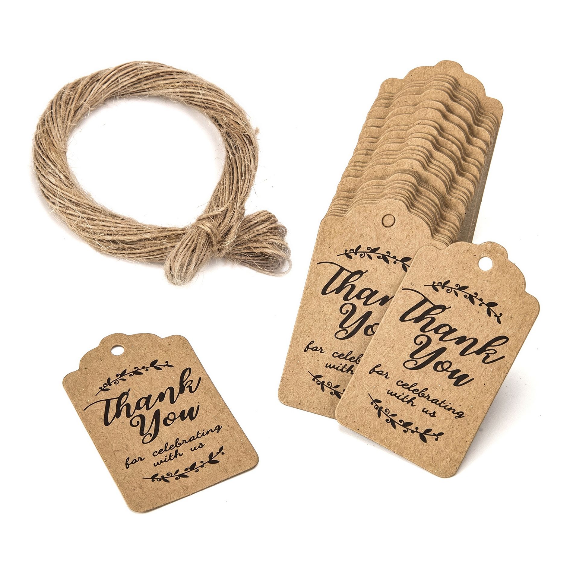REGALWOVEN Scalloped Kraft Paper Thank You Gift Tags with Twine Printed Hang Tags for Wedding Party Favors 100Pcs