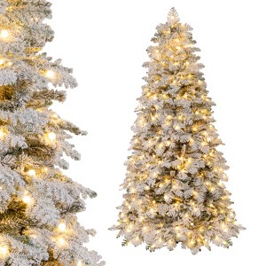 Tangkula Pre-Lit Artificial Christmas Tree Hinged Snow Flocked Xmas Tree w/ Mixed Branch Tips - 1 of 1
