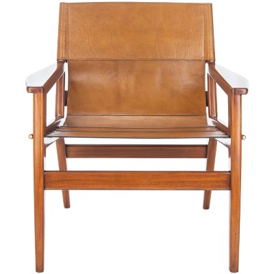 Culkin Modern Brown Leather Sling Armchair with Mahogany Frame