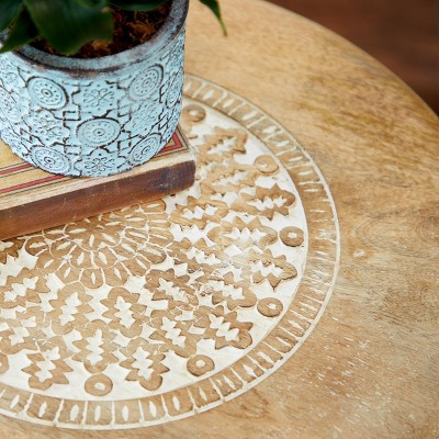Intricately Carved Mango Wood Round Accent Table - Brown, 22"x17"