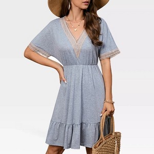 Women's Dress V Neck Summer Casual Dress Lace Trim Sundress Ruffle Hem Casual Midi Beach Cover Up Dress - 1 of 4