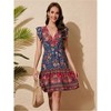 Clearlove Women's Summer Wrap V Neck Bohemian Floral Print Ruffle Swing A Line Beach Mini Dress - 4 of 4