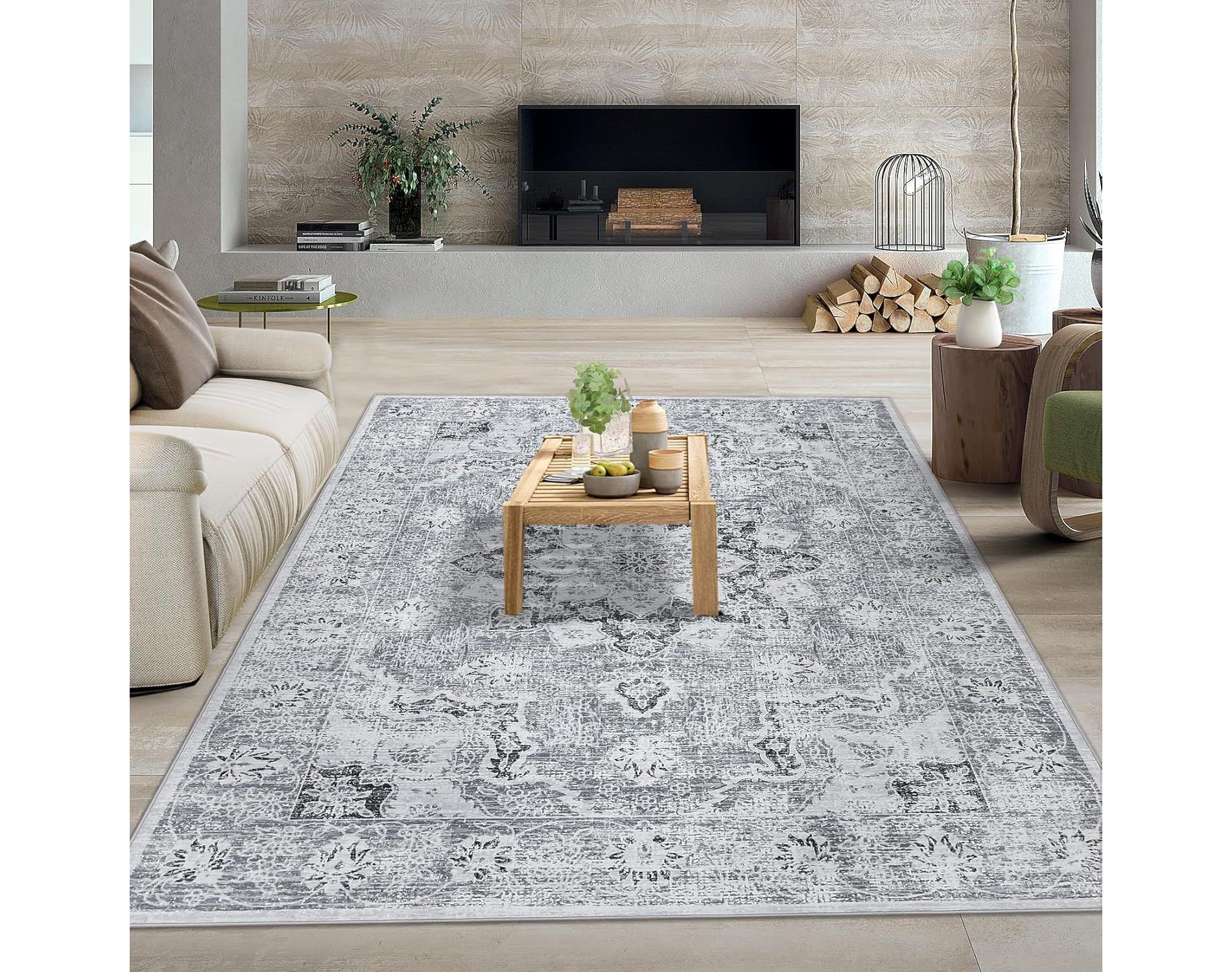 Acekool 5x7 Washable Area Rug - Boho Vintage Distressed Design, Stain Resistant Low Pile Rug for Living Room, Bedroom, Office, Grey