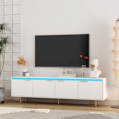 KTMBDW Mid Century Modern LED TV Stand for 80 Inch TV, Entertainment Center Wood TV Stand, Fluted Trim TV Stand with 4 Doors for Living room, White