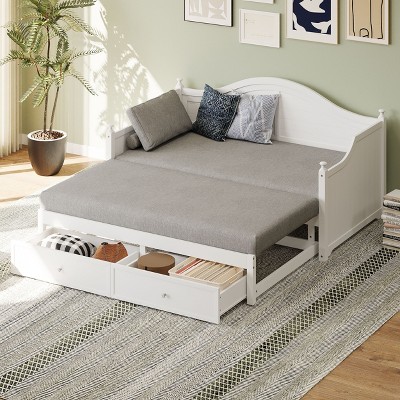 Sapphtopaz Twin Size Daybed with 2 Storage Drawers Wooden Platform Bed Frame with Handrail and Slats Support, Beds for Apartment, Bedroom