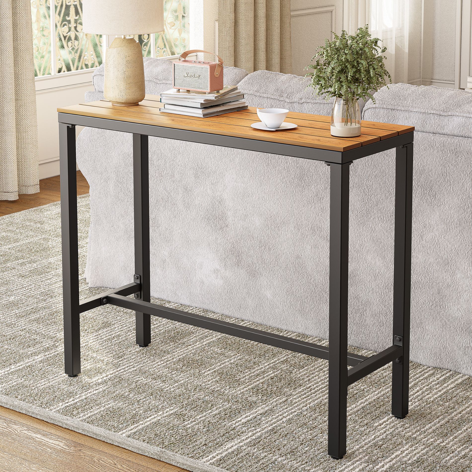 Pellebant 43in Outdoor Bar Table Rectangular Patio Counter Height Table Wood-Look Top Metal Frame Brown