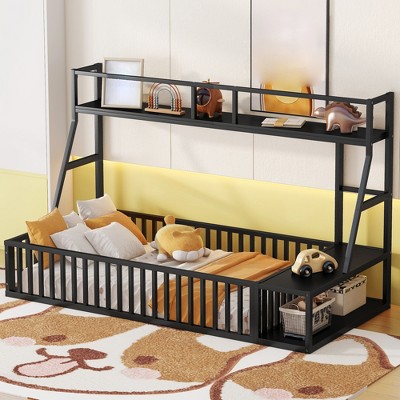 Floor Bed Frame, Metal Platform Bed with Safety Guardrails & Desk and Storage Shelves, Playhouse Bed Frame for Bedroom Playroom