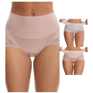 INSPIRE CHIC Women's Hi-Cut Satin High Waisted Lace Trimmed Tummy Control Underpants Briefs 3 Packs - 1 of 4