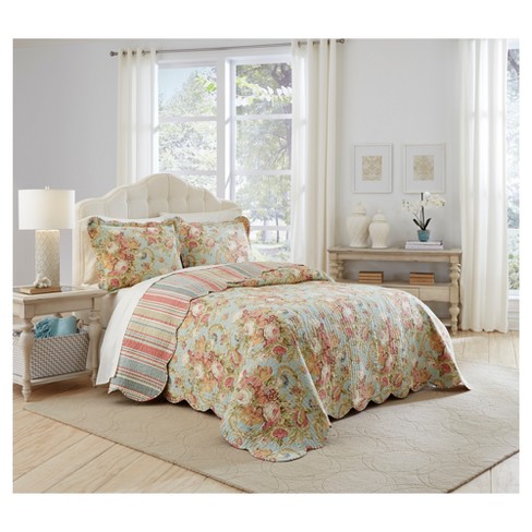 Floral Stripe Spring Bling Bedspread Set 3pc Waverly