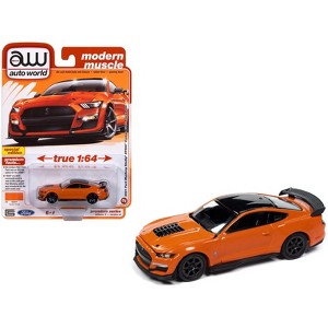 2021 Ford Mustang Shelby GT500 Carbon Fiber Track Pack Twister Orange with Black Top 1/64 Diecast Model Car by Auto World - 1 of 3