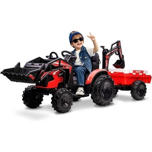 24V Ride on Toy for Big Kids, Excavator Bulldozer, Battery-Powered Electric Vehicle w/Trailer, Remote Control, LED Lights - 1 of 4