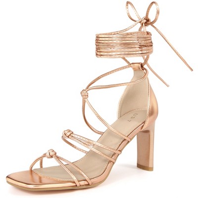 Allegra K Women's Square Toe Lace Up Strappy Chunky High Heels Sandals