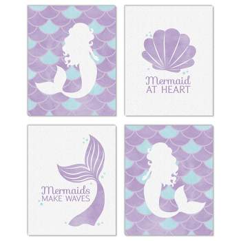 Big Dot of Happiness Let's Be Mermaids - Unframed Purple & Teal Mermaid Tail Nursery or Kids Room Linen Paper Wall Art Set of 4 Artisms 8 x 10 inches