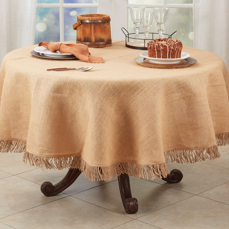 Saro Lifestyle Handcrafted Jute Tassel Tablecloth, 72", Beige, 3 of 4