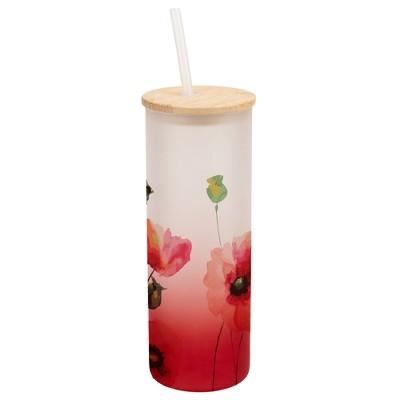 Elanze Designs Pretty Poppy Red Flower Garden Wrap-Around Design 25 Ounce Frosted Gradient Glass On-The-Go Coffee Travel Skinny Tumbler Mug Cup,