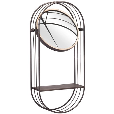 Industrial Elliptical Patinated Gold and Wood Wall Mirror