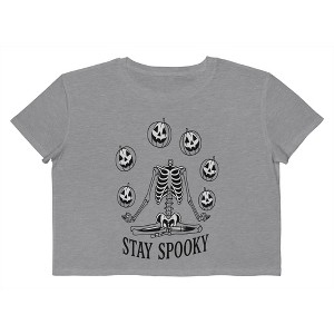 Rerun Island Women Stay Spooky Skeleton Pumpkins Short Sleeve Graphic Cotton Cropped Loose T-shirt - 1 of 4