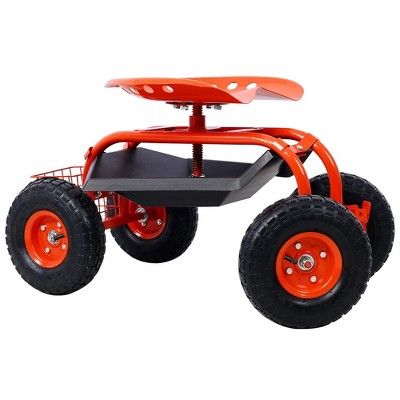 Red Adjustable Steel Rolling Garden Cart with Seat and Storage