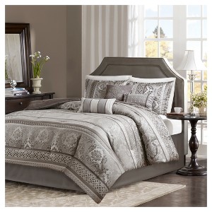 Mirage 7 Piece Polyester Jacquard Comforter Bedding Set with Bedskirt, Size: Queen, Gray