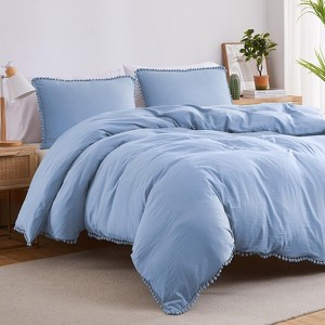 Duvet Cover Queen Size, Soft Washed Microfiber Duvet Cover Set, 3 Pieces Boho Duvet Cover Set with Zipper Closure, Dusty Blue, 90x90 inches - 1 of 4