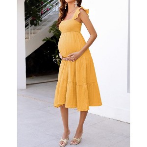 Maternity Dress Square Neck Sleeveless Smocked Ruffle Sleeve Baby Shower Photoshoot Summer Midi Dresses - 1 of 4
