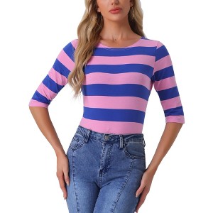 INSPIRE CHIC Women's Stripes Casual Basic Elbow Sleeves Boat Neck Slim Fit T-Shirts - 1 of 4