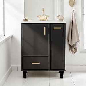 Mshliw 24 Inch Bathroom Vanity with Sink, Freestanding Cabinet with Door Shelf, Drawer and Pull-Out Basket, Ceramic Top - 1 of 4
