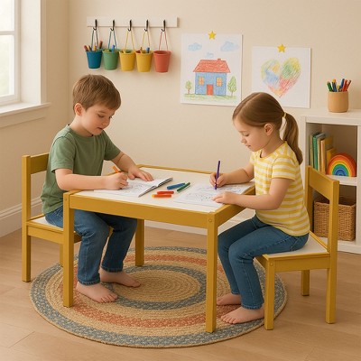 PJ Wood 3 Piece Natural Rubberwood Table and Chairs Set with White Wipeable Surface