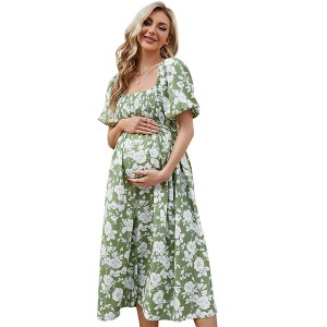 Garvee Women's Floral Maternity Maxi Dress Square Neck Puff Sleeve Smocked  A-Line Flowy Dress for Beach Baby Shower Photoshoot : Target