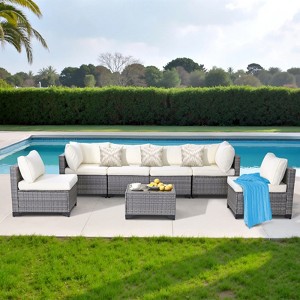 Gulches Beige All-Weather 7-Piece Gray PE Wicker Patio Conversation Set with  Cushions and coffee table - 1 of 4